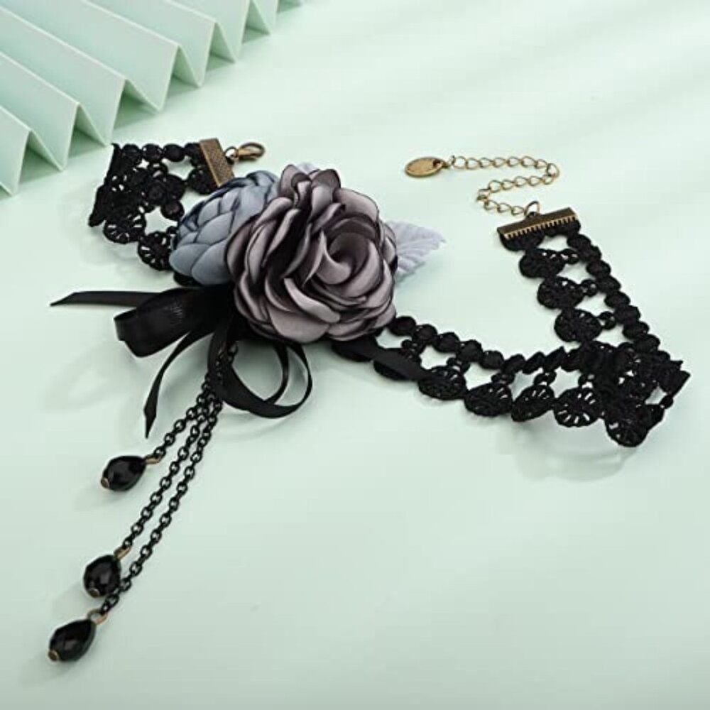Elegant Flower Choker Necklace Black Lace‎ Ribbon